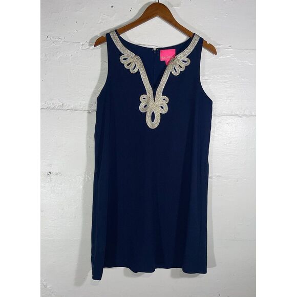 Lilly Pulitzer Navy Blue Shift Dress Size 8 Gold Silver Embroidered Resort Wear - Picture 2 of 11